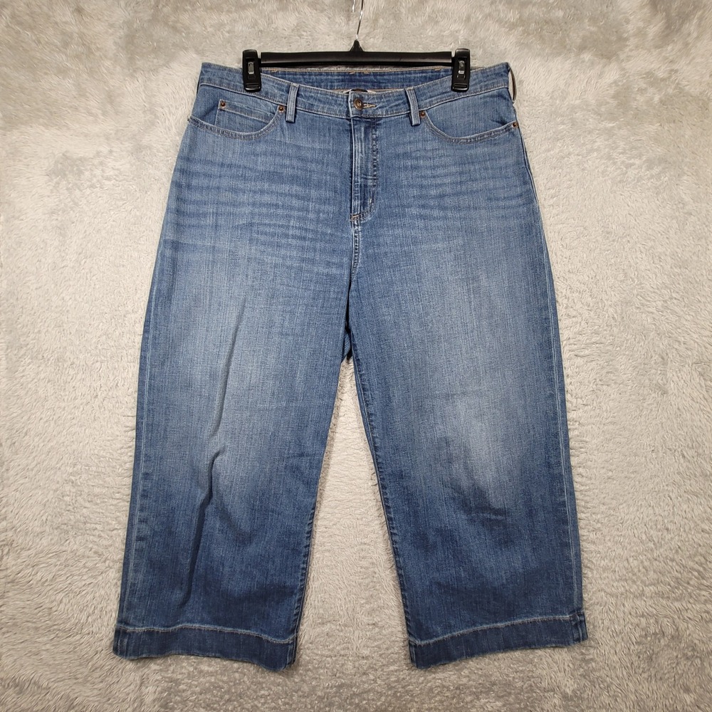 Duluth Trading Cropped Jeans Women 16 Blue Denim Wide Leg Stretch Mid Rise 38x24